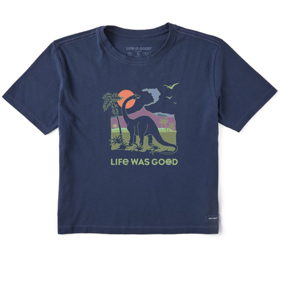 Women Life is Good Graphic Tees | Women'S Clean Dinosaur Life Was Good Boxy Crusher Tee Darkest Blue