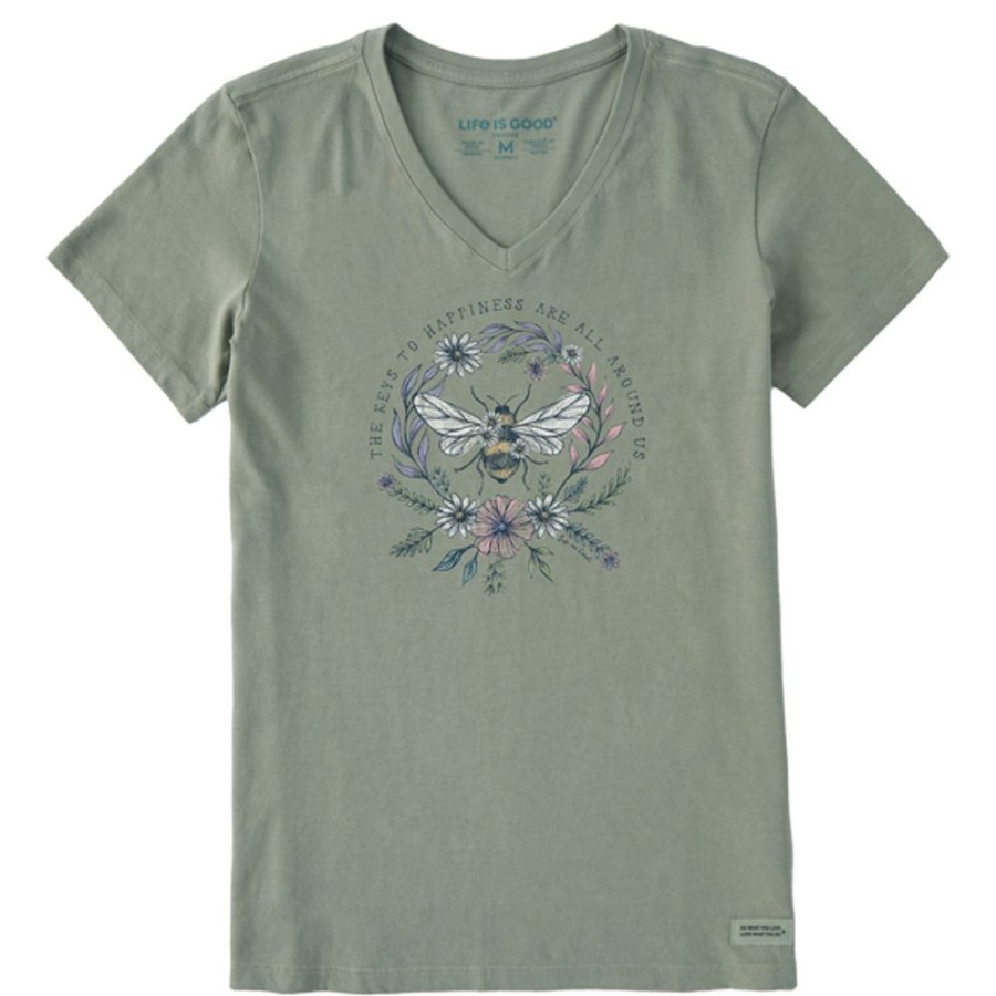 Women Life is Good Graphic Tees | Women'S Dreamy Bee Happiness All Around Crusher Vee Moss Green