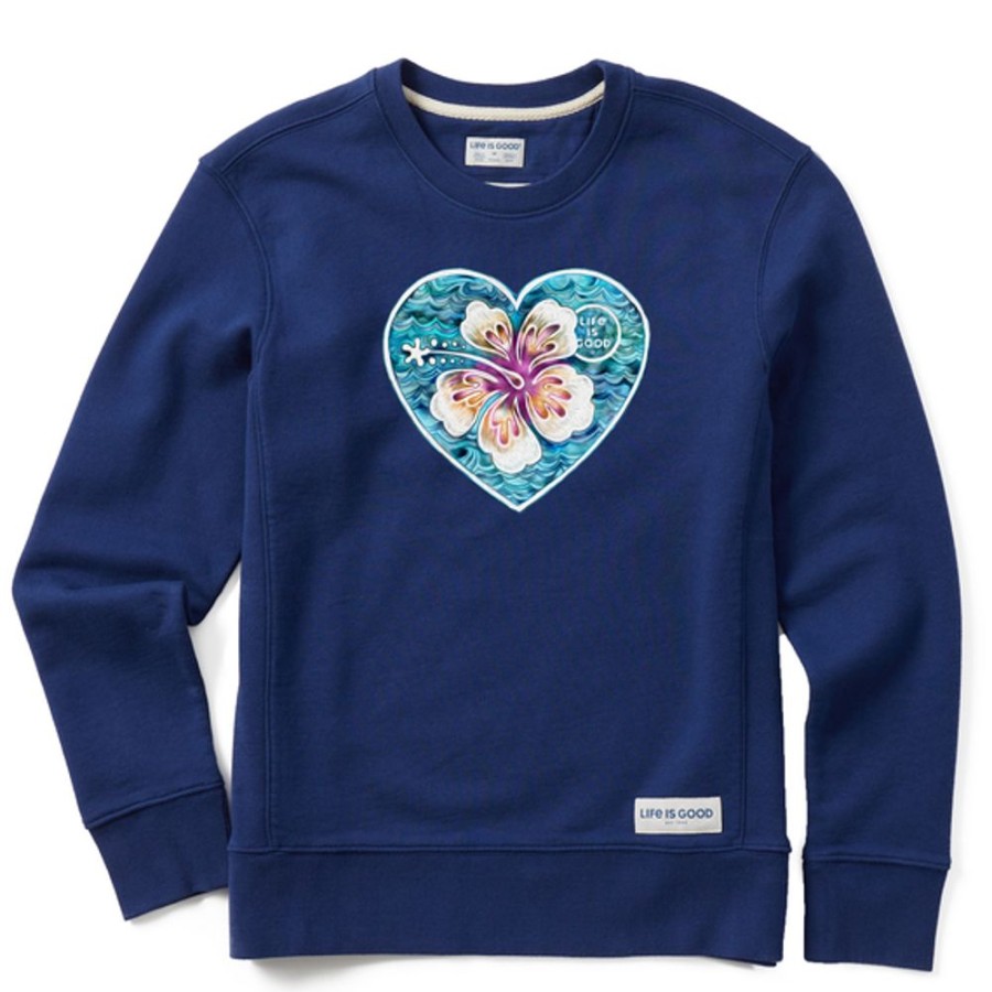 Women Life is Good Sweatshirts & Hoodies | Women'S Hibiscus Heart Simply True Fleece Crew Darkest Blue