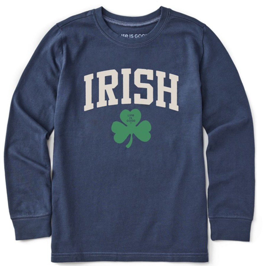 Kids Life is Good Graphic Tees | Kids Clean Irish Clover Long Sleeve Crusher Tee Darkest Blue