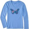 Women Life is Good Graphic Tees | Women'S Wildflower Butterfly Long Sleeve Crusher-Lite Vee Cornflower Blue