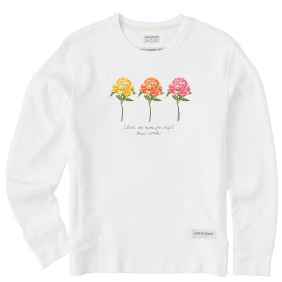 Women Life is Good Sweatshirts & Hoodies | Women'S 3 Botanical Peonies Simply True Fleece Crew Cloud White