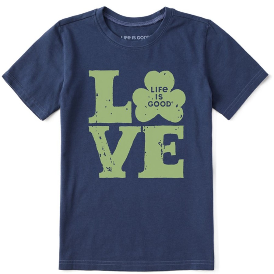 Kids Life is Good Graphic Tees | Kids Woodcut Love Clover Crusher Tee Darkest Blue