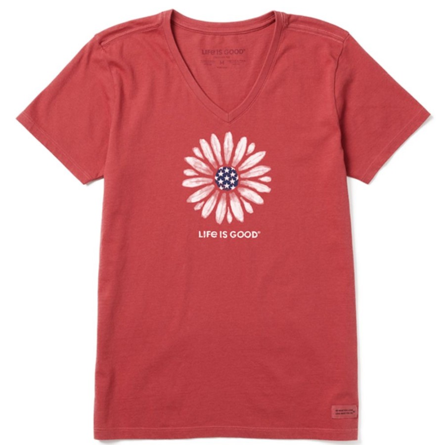 Women Life is Good Graphic Tees | Women'S Americana Daisy Short Sleeve Vee Faded Red