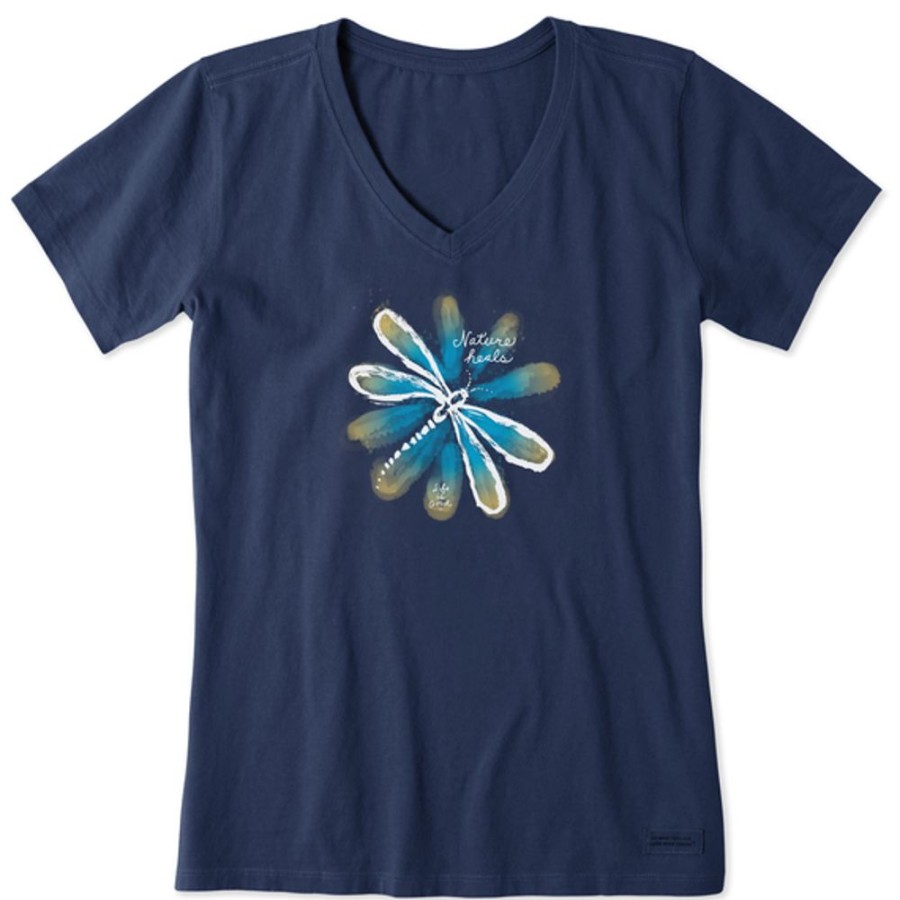 Women Life is Good Graphic Tees | Women'S Inkbrush Nature Heals Dragonfly Short Sleeve Vee Darkest Blue