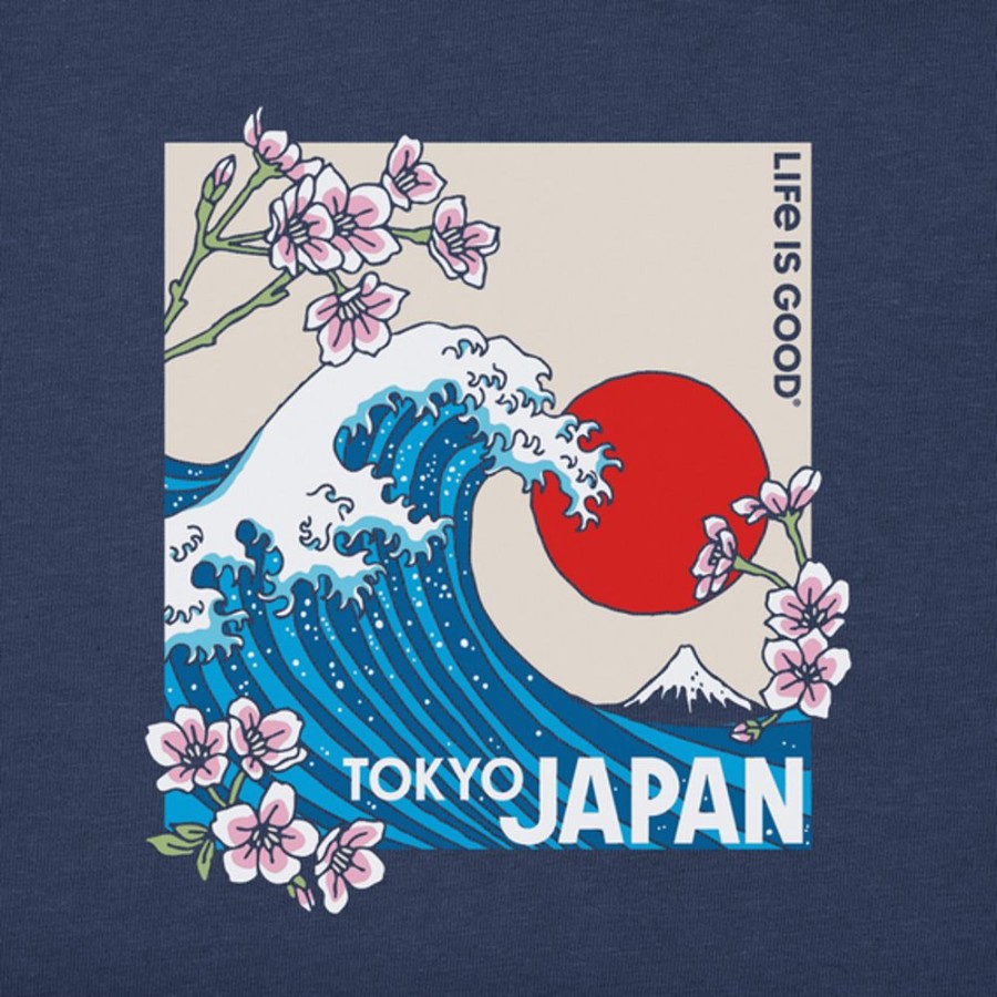 Men Life is Good Graphic Tees | Men'S Clean Tokyo Japan Cherry Blossom Wave Short Sleeve Tee Darkest Blue