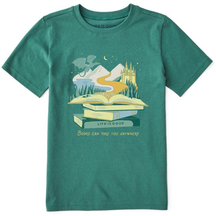 Kids Life is Good Graphic Tees | Kids Fineline Books Can Take You Anywhere Crusher Tee Spruce Green