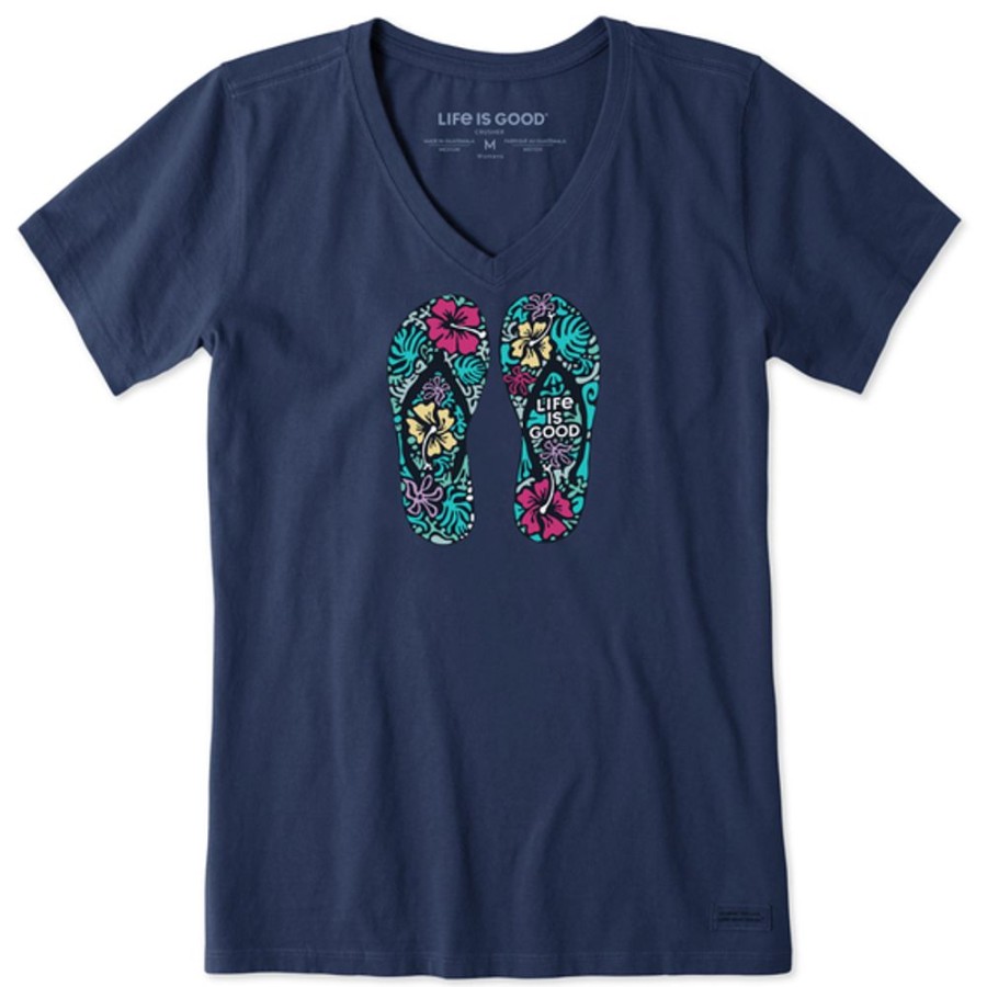 Women Life is Good Graphic Tees | Women'S Hibiscus Flip Flops Crusher-Lite Vee Darkest Blue