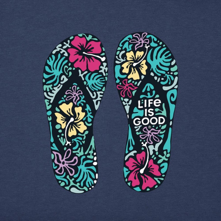 Women Life is Good Graphic Tees | Women'S Hibiscus Flip Flops Crusher-Lite Vee Darkest Blue