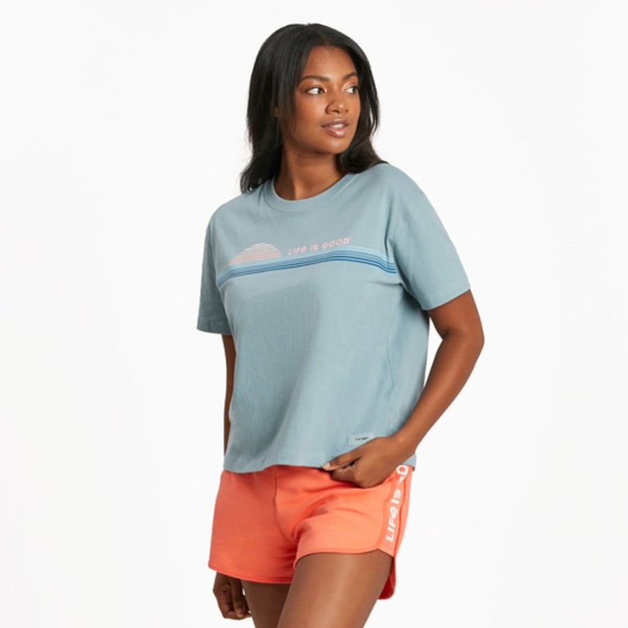 Women Life is Good Boxy Tees | Women'S Linear Ocean Sunrise Boxy Crusher Tee Smoky Blue