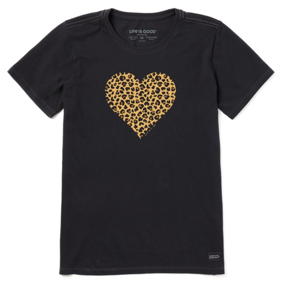 Women Life is Good Graphic Tees | Women'S Clean Leopard Heart Short Sleeve Tee Jet Black