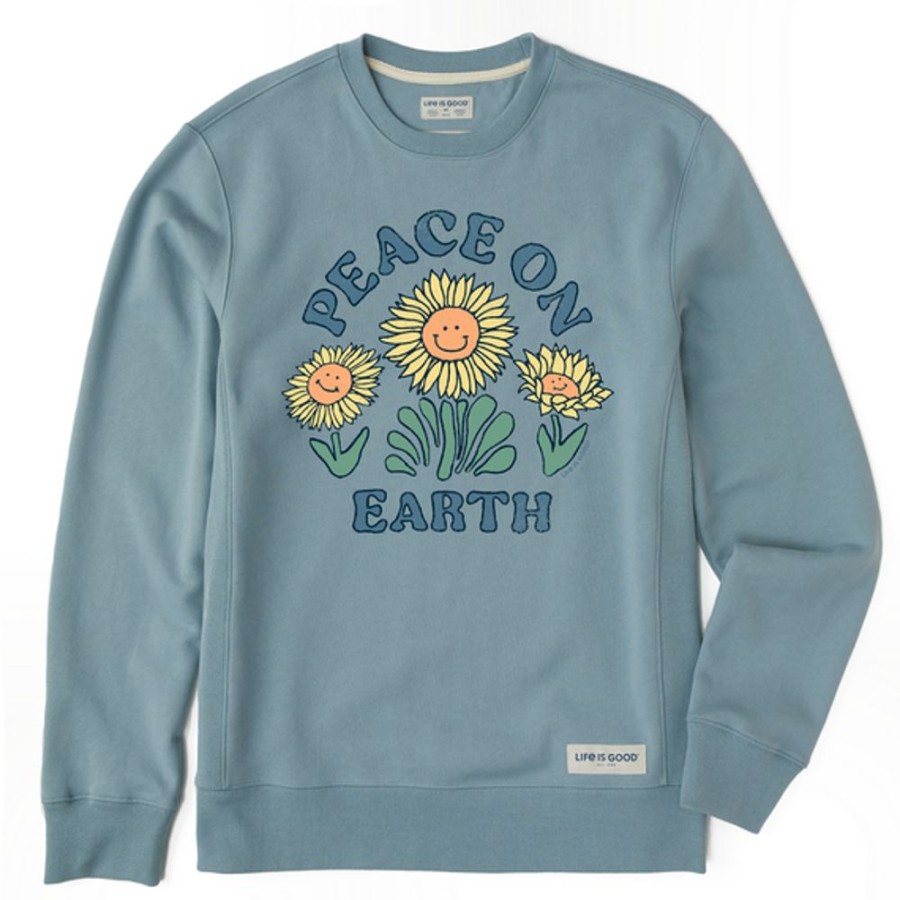 Men Life is Good Sweatshirts & Hoodies | Men'S Peace On Earth Happy Sunflowers Simply True Fleece Crew Smoky Blue