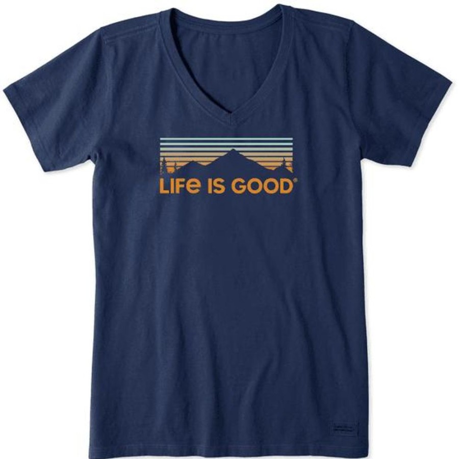 Women Life is Good Graphic Tees | Women'S Scenic Mountain Vista Crusher-Lite Vee Darkest Blue