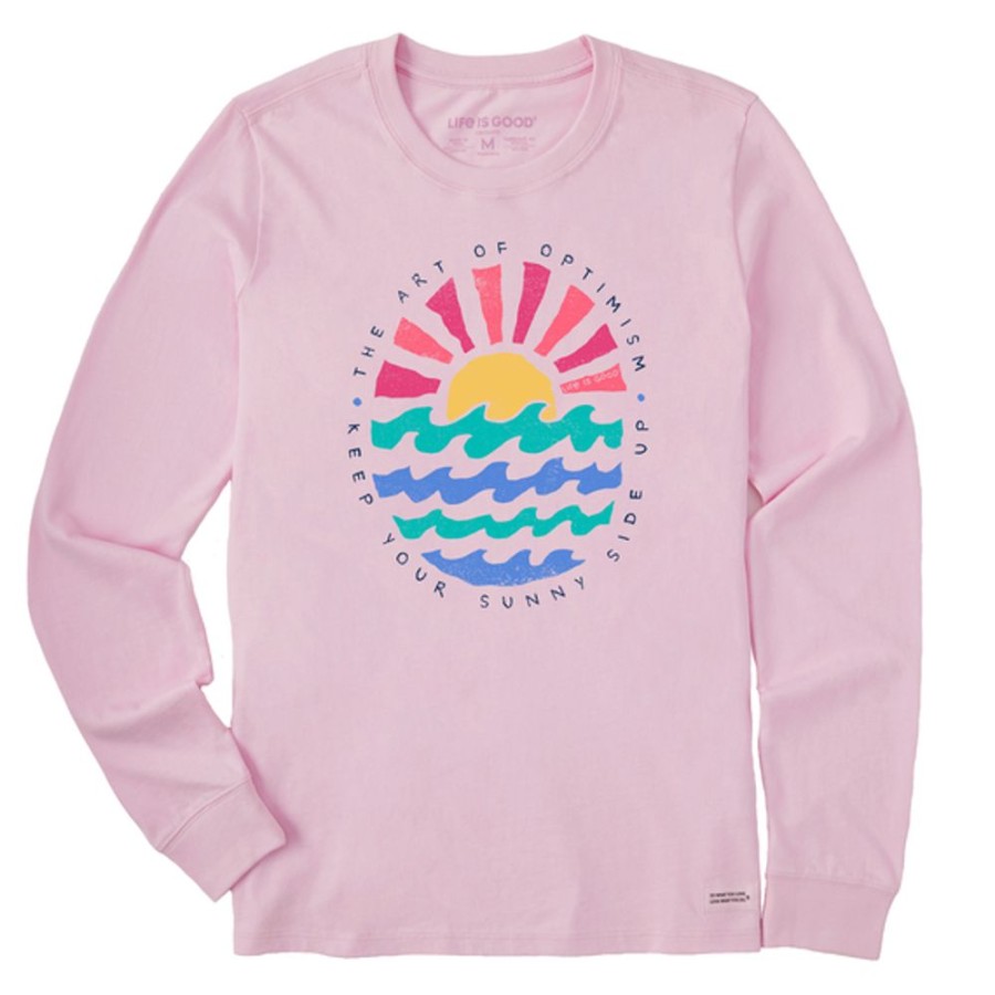 Women Life is Good Graphic Tees | Women'S Quirky Sun Ocean Sunny Side Up Long Sleeve Crusher Tee Seashell Pink