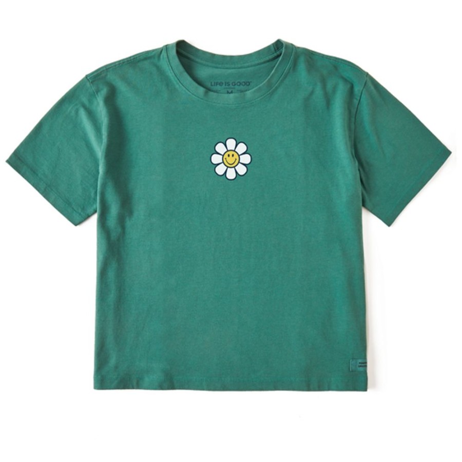 Women Life is Good Boxy Tees | Women'S Groovy Smiley Flower Boxy Crusher Tee Spruce Green