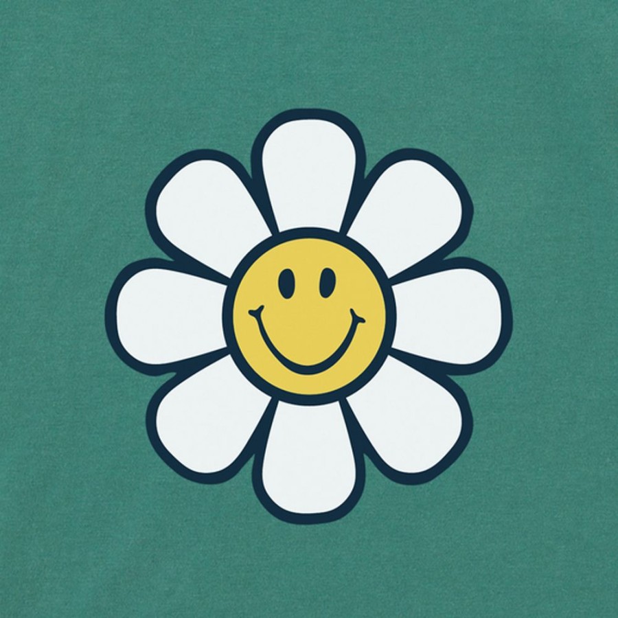 Women Life is Good Boxy Tees | Women'S Groovy Smiley Flower Boxy Crusher Tee Spruce Green