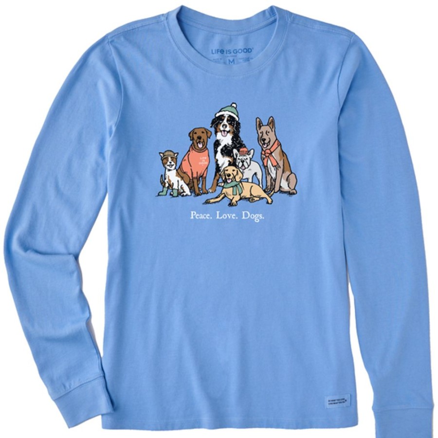 Women Life is Good Graphic Tees | Women'S Storybook Peace Love Dogs Long Sleeve Crusher Tee Cornflower Blue