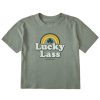 Women Life is Good Boxy Tees | Women'S Clean Lucky Lass Rainbow Clover Boxy Crusher Tee Moss Green