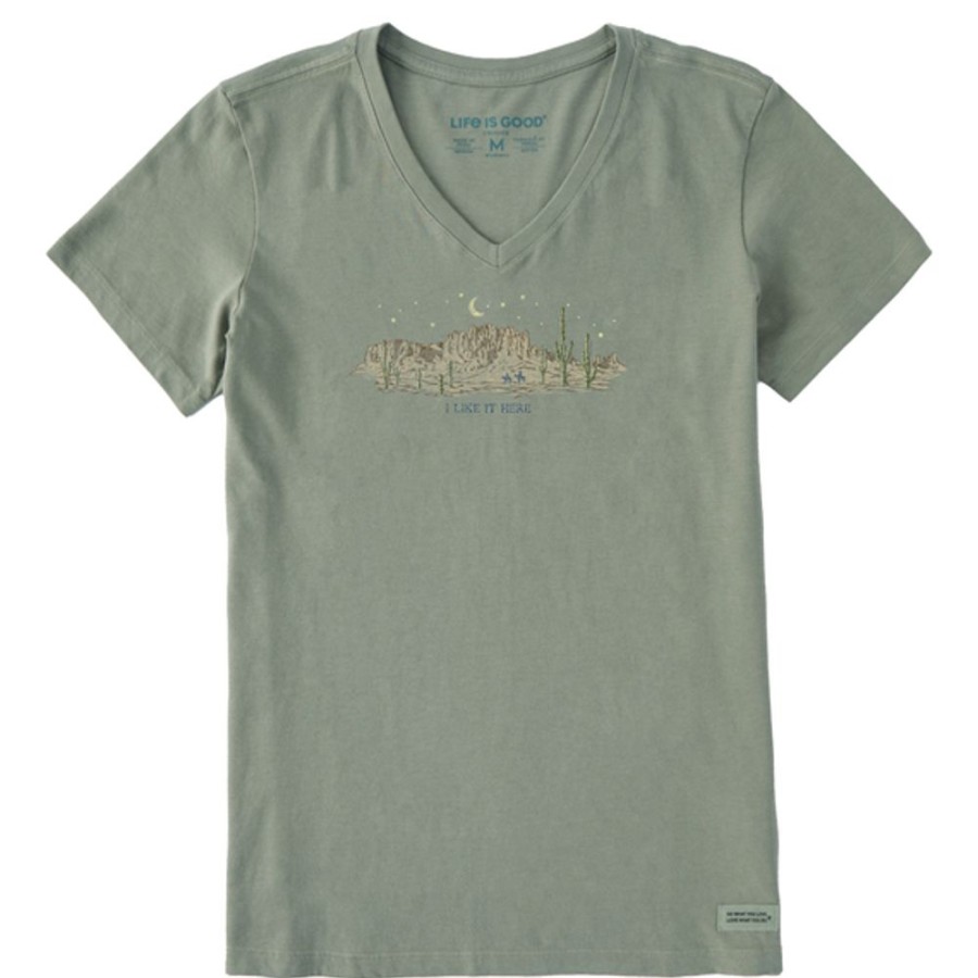 Women Life is Good Graphic Tees | Women'S Pencliy Desert Vista Short Sleeve Vee Moss Green