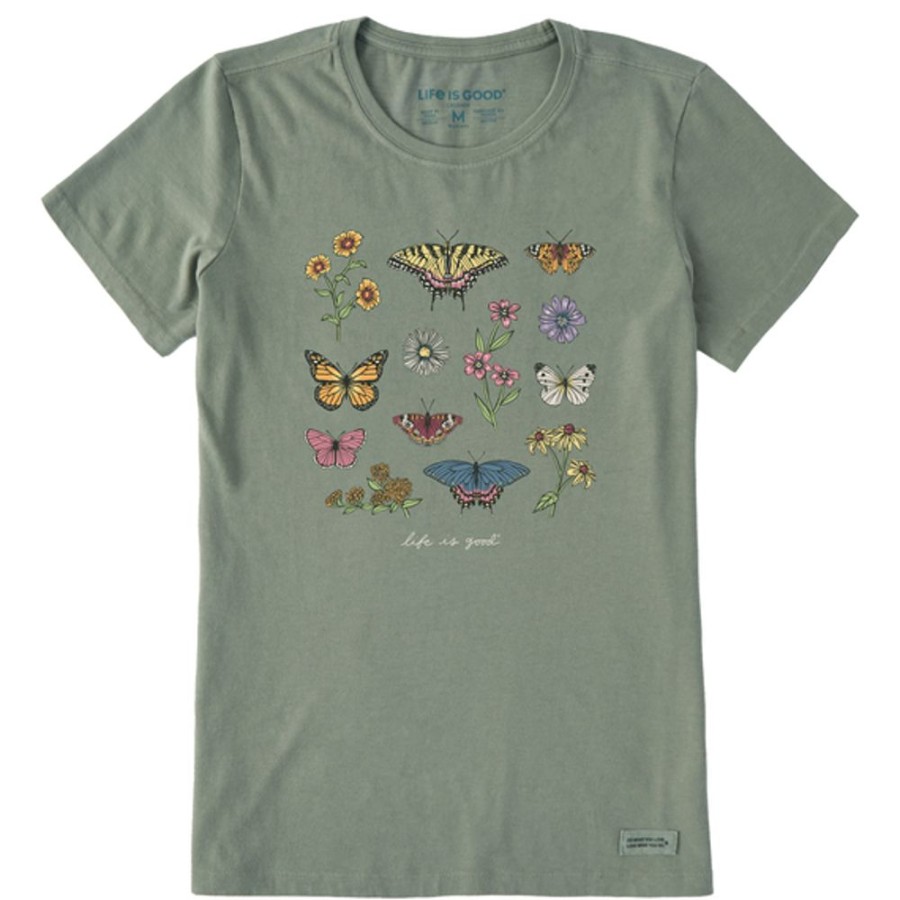 Women Life is Good Graphic Tees | Women'S Realaxed Butterflies And Wildflowers Crusher Tee Moss Green