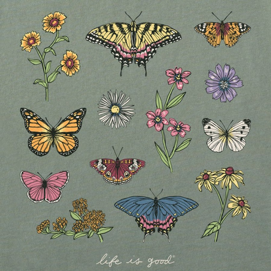 Women Life is Good Graphic Tees | Women'S Realaxed Butterflies And Wildflowers Crusher Tee Moss Green