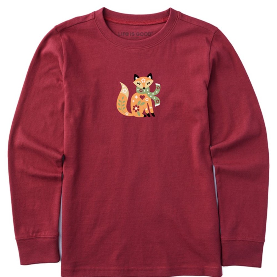 Kids Life is Good Graphic Tees | Kids Nordic Mini Winter Scarf Fox Long Sleeve Crusher Tee Cranberry Red