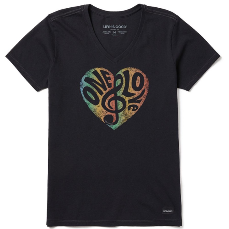 Women Life is Good Graphic Tees | Women'S Woodcut One Love G Clef Heart Short Sleeve Vee Jet Black