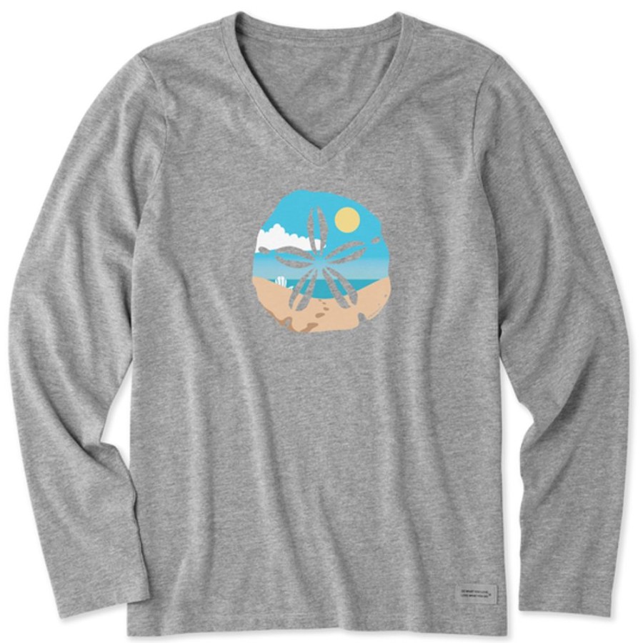 Women Life is Good Graphic Tees | Women'S Sand Dollar Beach Scene Long Sleeve Crusher Vee Heather Gray