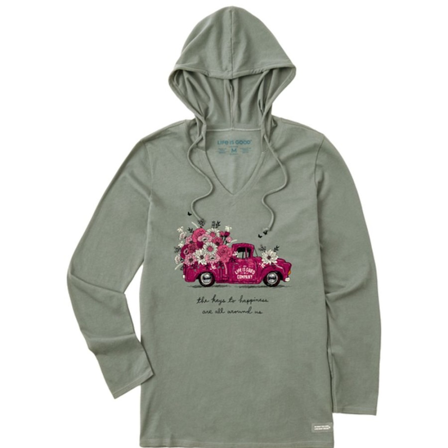 Women Life is Good Graphic Tees | Women'S Realaxed Keys To Happiness Floral Pickup Long Sleeve Crusher-Lite Hooded Tee Moss Green