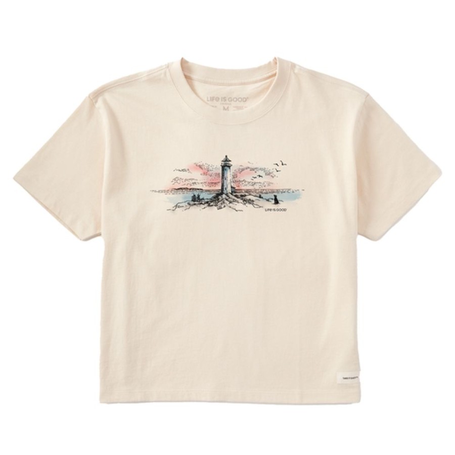 Women Life is Good Boxy Tees | Women'S Storybook Lighthouse Vista Boxy Crusher Tee Putty White