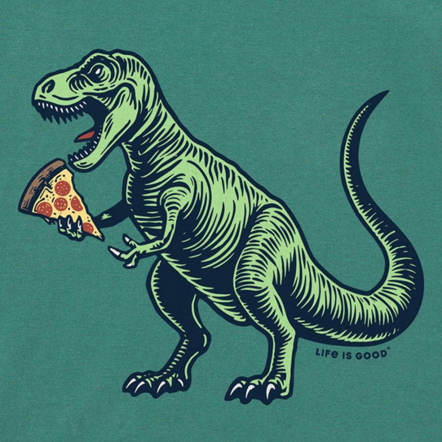 Kids Life is Good Graphic Tees | Kids Woodcut Snack Attack T Rex Crusher Tee Spruce Green