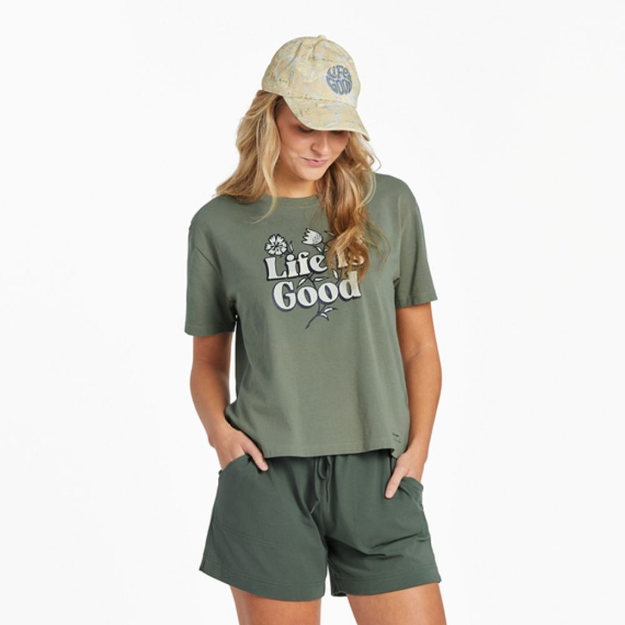 Women Life is Good Boxy Tees | Women'S Nordic Wildflowers Boxy Crusher Tee Moss Green