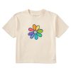 Women Life is Good Boxy Tees | Women'S Vintage Rainbow Daisy Boxy Crusher Tee Putty White