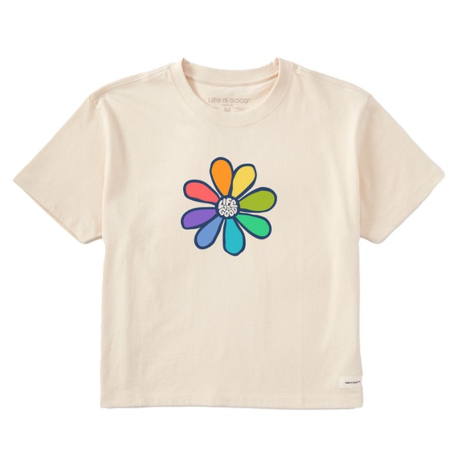 Women Life is Good Boxy Tees | Women'S Vintage Rainbow Daisy Boxy Crusher Tee Putty White