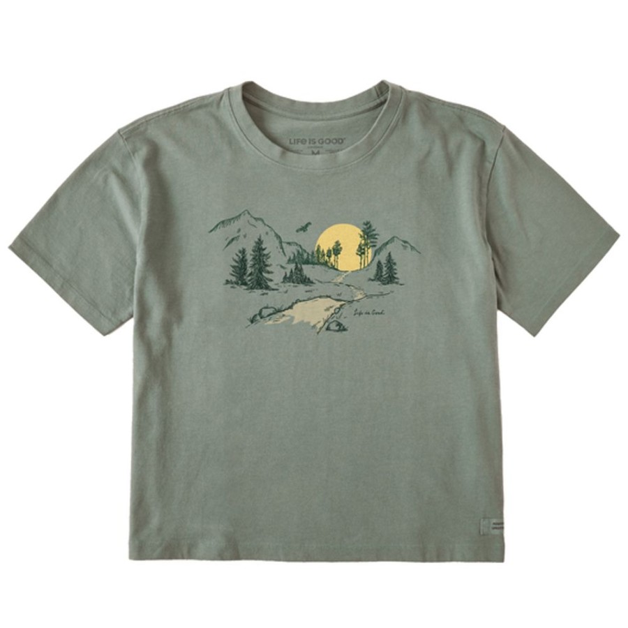 Women Life is Good Boxy Tees | Women'S Fineline Trail Boxy Crusher Tee Moss Green