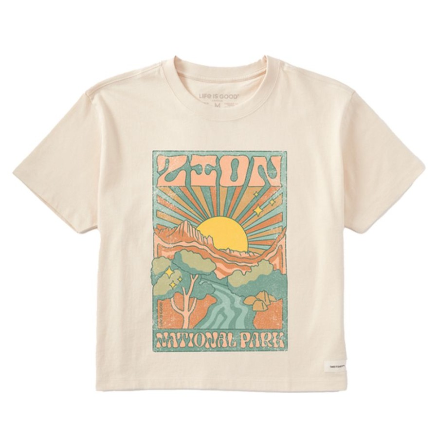 Women Life is Good Boxy Tees | Women'S Zion National Park Psychedelic Scene Boxy Crusher Tee Putty White