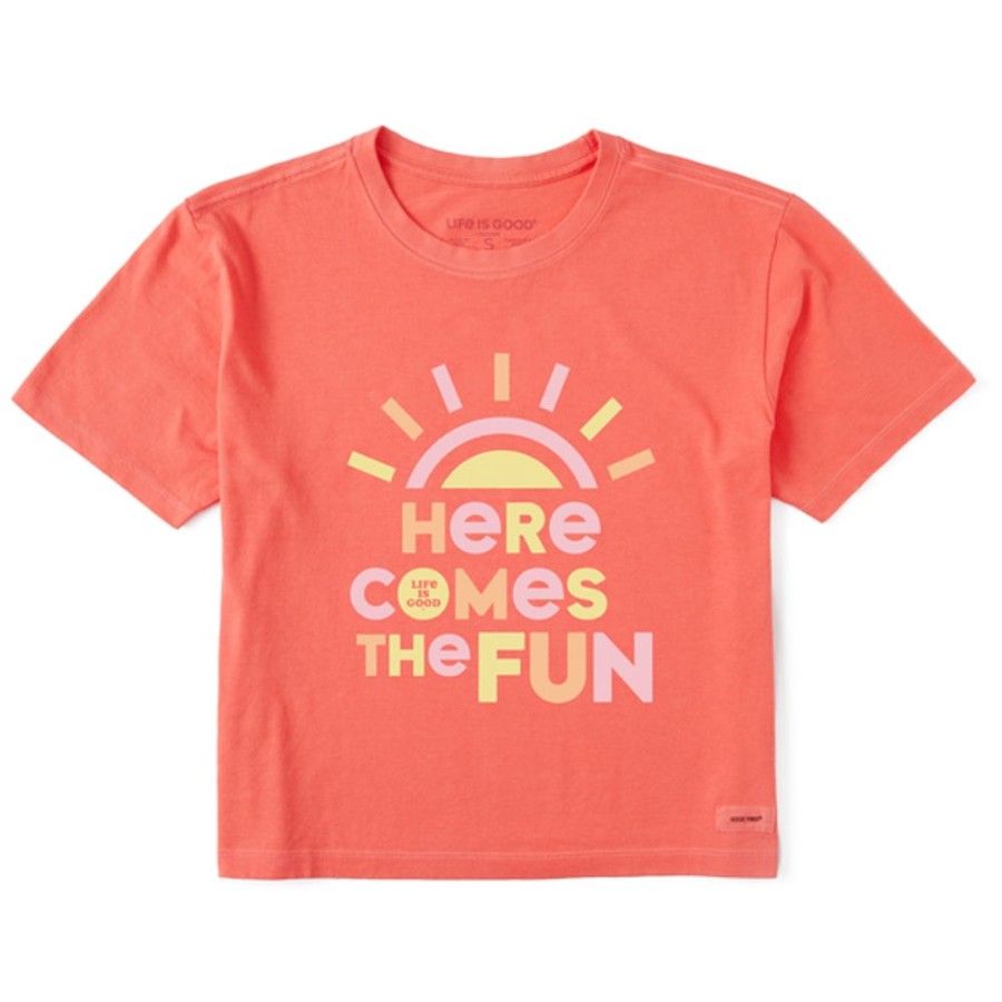 Women Life is Good Boxy Tees | Women'S Clean Here Comes The Fun Sun Boxy Crusher Tee Mango Orange