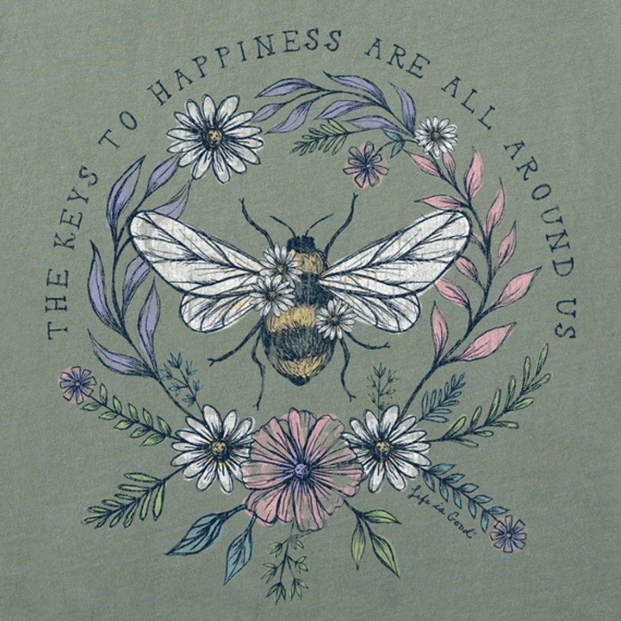 Women Life is Good Graphic Tees | Women'S Dreamy Bee Happiness All Around Long Sleeve Crusher Tee Moss Green