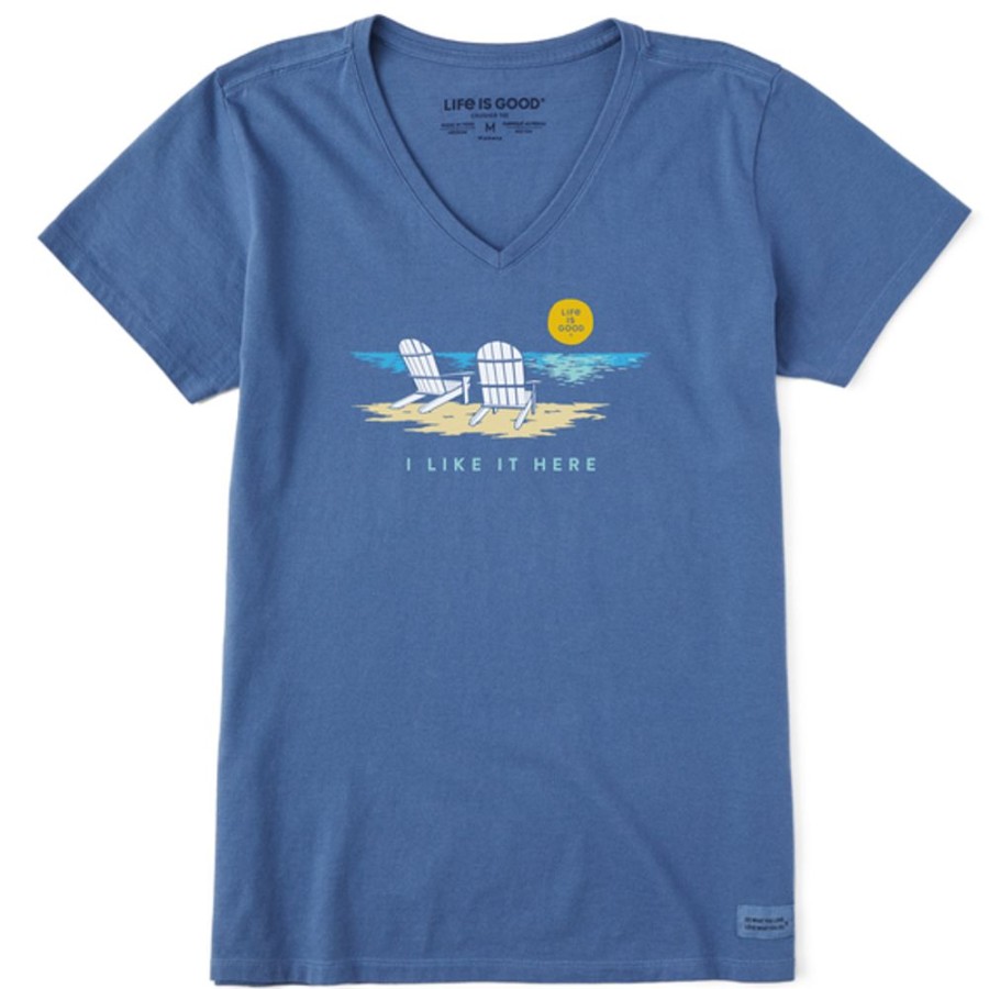 Women Life is Good Graphic Tees | Women'S Adirondack Beach I Like It Here Short Sleeve Vee Vintage Blue