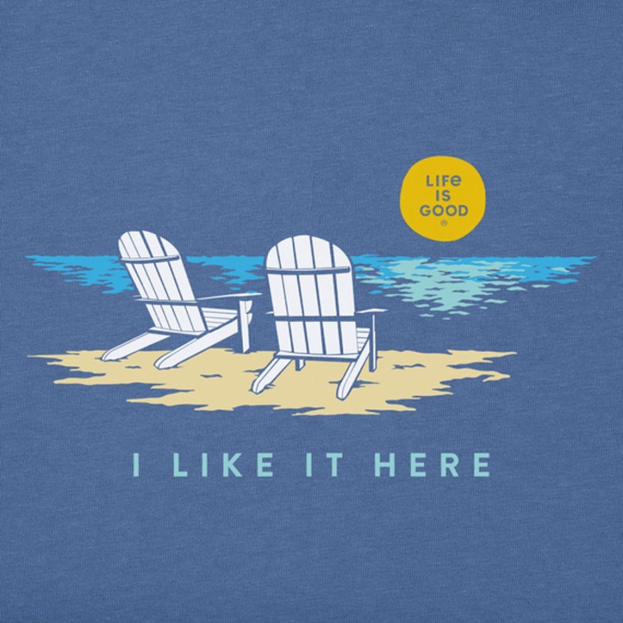 Women Life is Good Graphic Tees | Women'S Adirondack Beach I Like It Here Short Sleeve Vee Vintage Blue