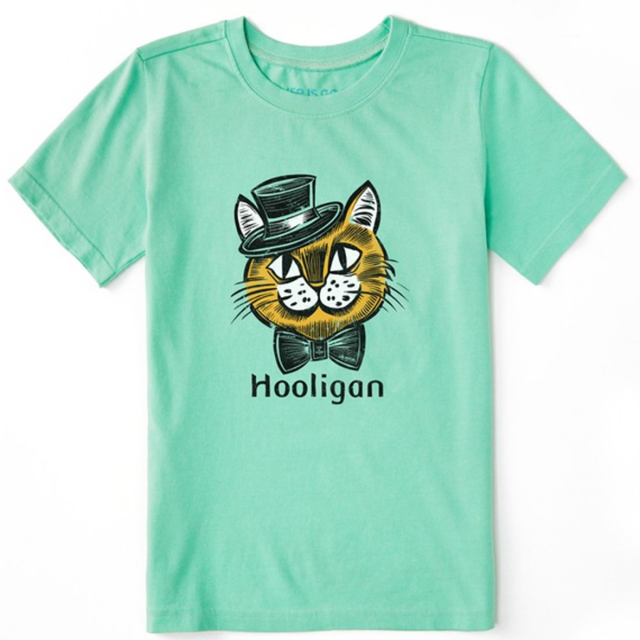 Kids Life is Good Graphic Tees | Kids Woodcut Cat Hooligan Crusher Tee Spearmint Green