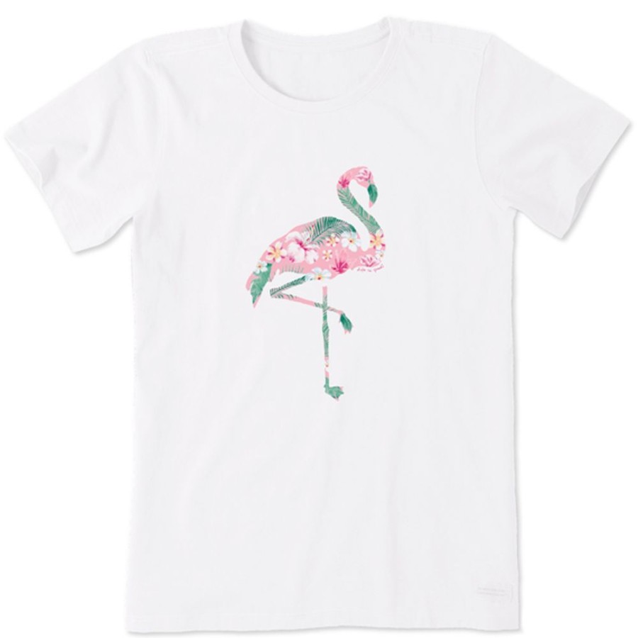 Women Life is Good Graphic Tees | Women'S Flamingo Flowers Short Sleeve Tee Cloud White