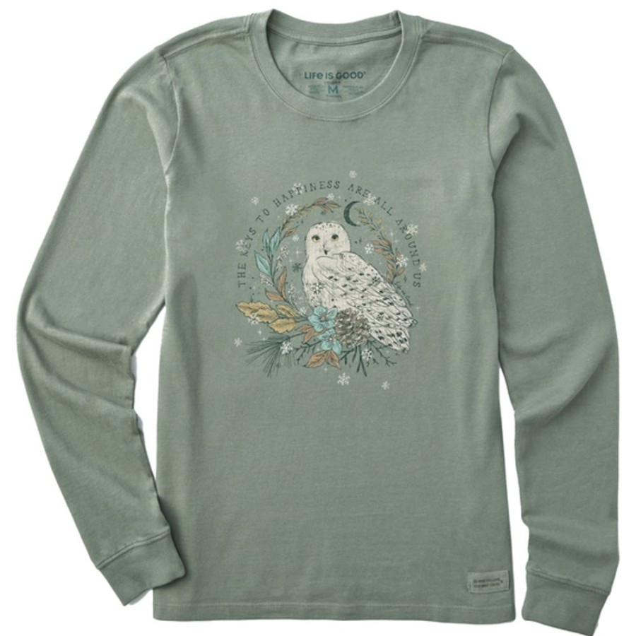 Women Life is Good Graphic Tees | Women'S Dreamy Key To Happiness Snowy Owl Long Sleeve Crusher Tee Moss Green