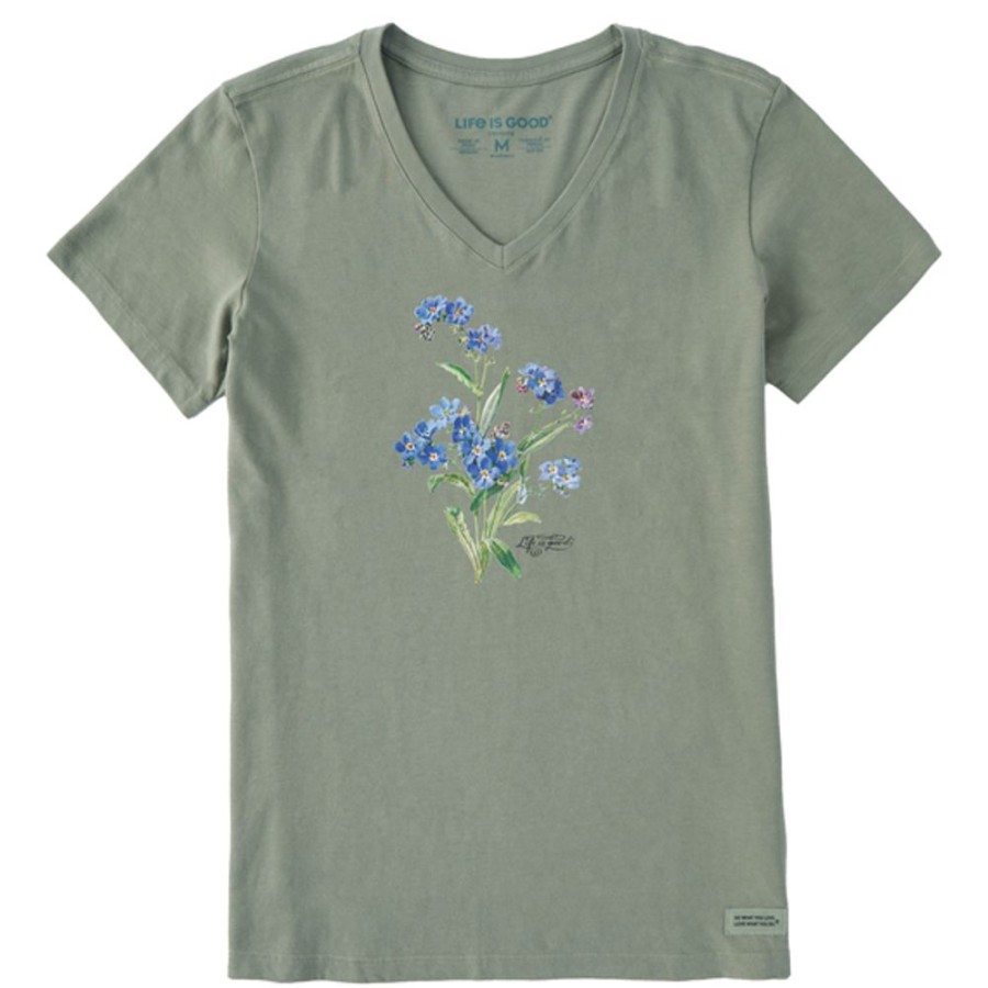 Women Life is Good Graphic Tees | Women'S Antique Blue Flowers Crusher Vee Moss Green