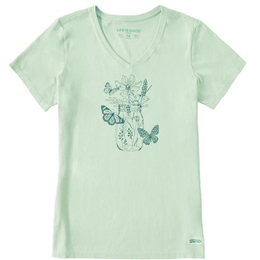 Women Life is Good Graphic Tees | Women'S Wildflower And Butterflies Jar Crusher-Lite Vee Sage Green