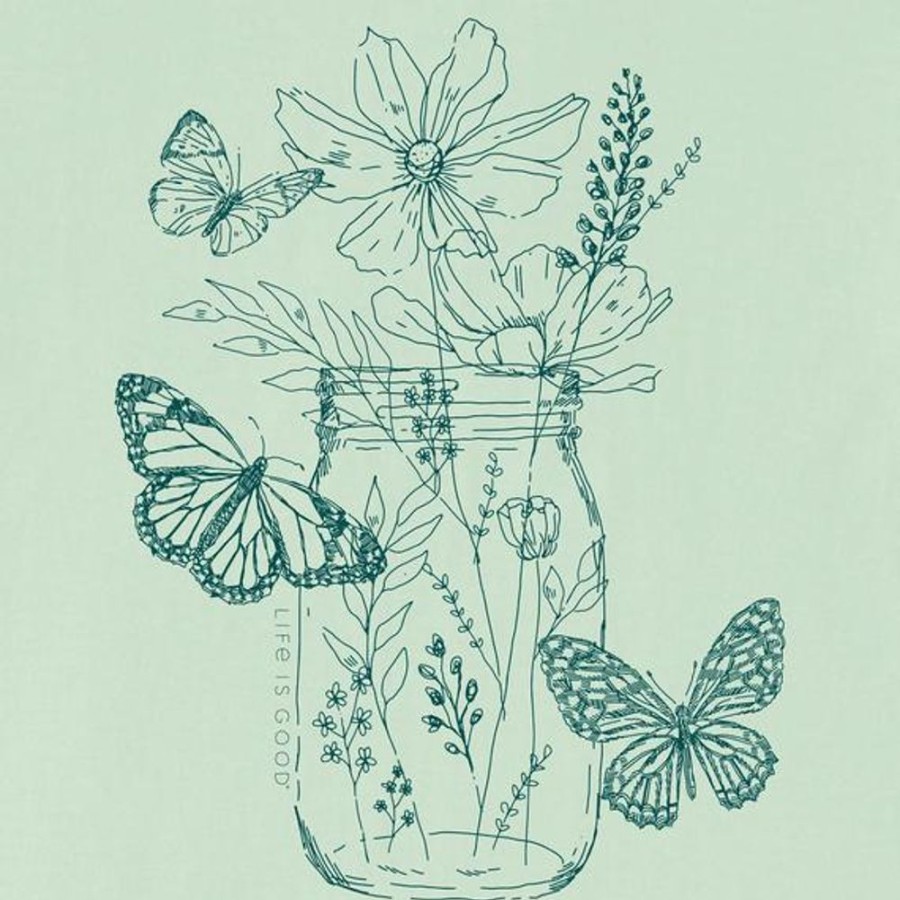 Women Life is Good Graphic Tees | Women'S Wildflower And Butterflies Jar Crusher-Lite Vee Sage Green