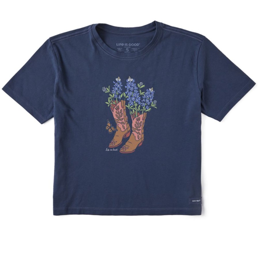 Women Life is Good Boxy Tees | Women'S Woodcut Boots And Blue Bonnets Boxy Crusher Tee Darkest Blue