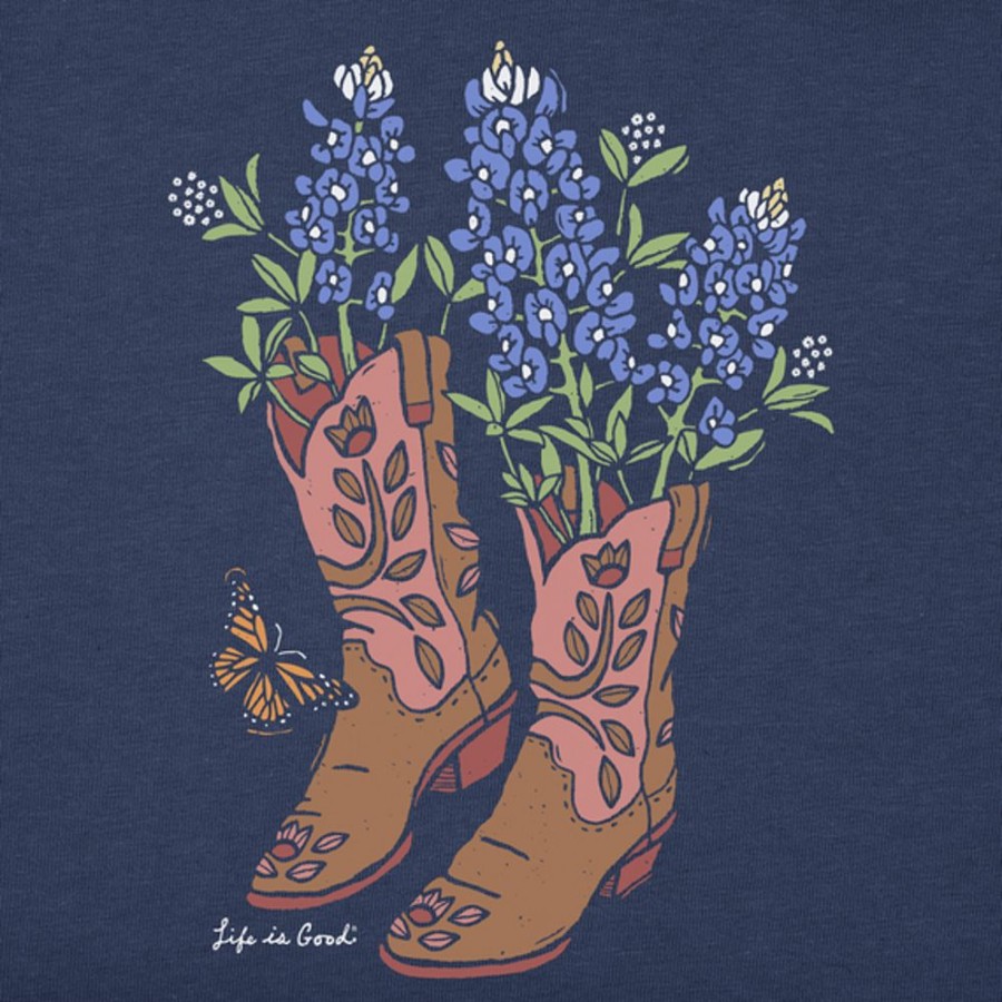 Women Life is Good Boxy Tees | Women'S Woodcut Boots And Blue Bonnets Boxy Crusher Tee Darkest Blue