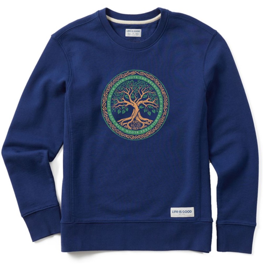 Women Life is Good Sweatshirts & Hoodies | Women'S Woodcut Irish Roots Bloom Tree Simply True Fleece Crew Darkest Blue