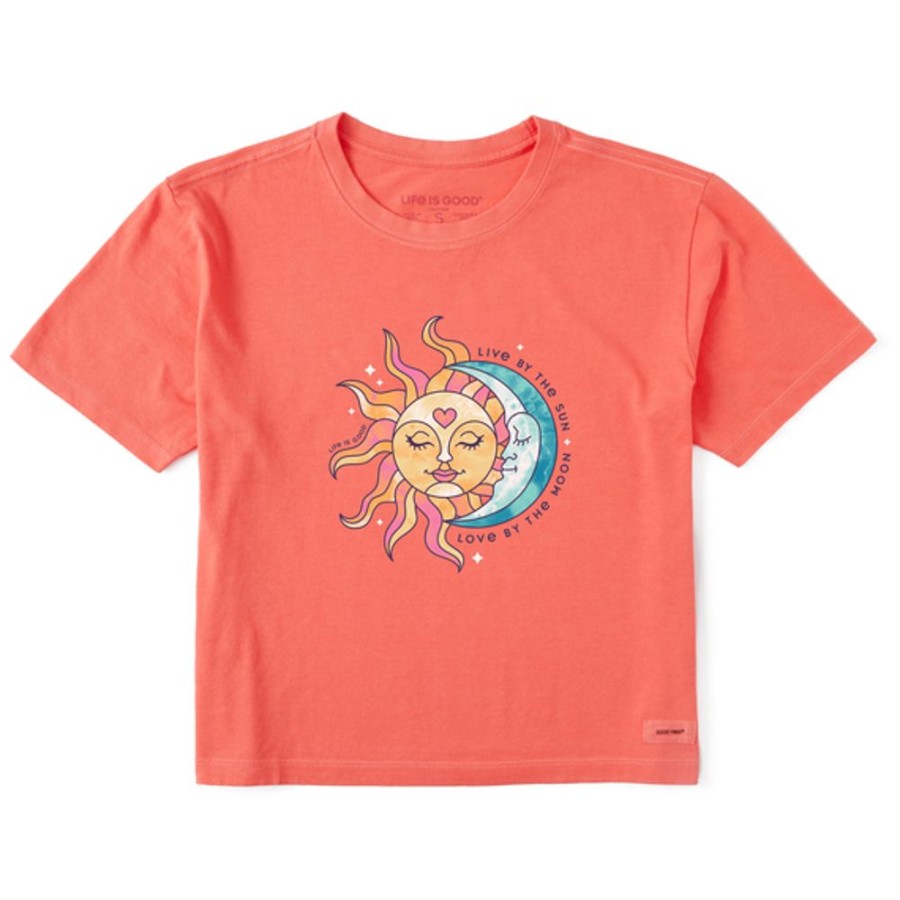 Women Life is Good Boxy Tees | Women'S Washy Live By The Sun Love By The Moon Boxy Crusher Tee Mango Orange